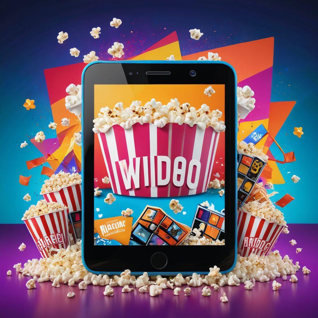 A vibrant collage of trending short video clips displayed on a smartphone screen, surrounded by playful elements like film reels, popcorn, and colorful sound waves. Include dynamic movement lines to illustrate entertainment energy. The background should be lively and eye-catching, inviting viewers into the realm of viral entertainment. super-realistic. vibrant colors. 3D.