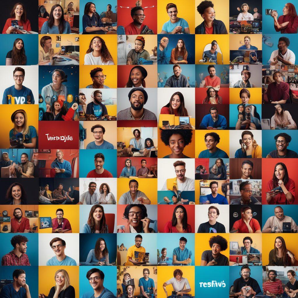 A dynamic collage showcasing diverse individuals passionately creating and sharing video content, with vibrant screens displaying various genres like comedy, gaming, and vlogs. Include elements like cameras, editing tools, and social media logos to emphasize the user-generated aspect. The background should be an energetic mix of colors symbolizing creativity and community. super-realistic. vibrant colors. white background.