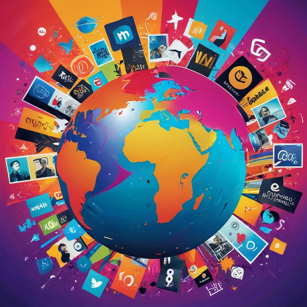A dynamic collage of diverse digital content elements such as vlogging scenes, viral memes, social media icons, and engagement metrics. Bright, eye-catching colors with a sense of movement to symbolize trends. Include a stylized globe or digital network background representing global connectivity. Emphasize excitement and modernity with creative, abstract shapes. vibrant colors. vector art.